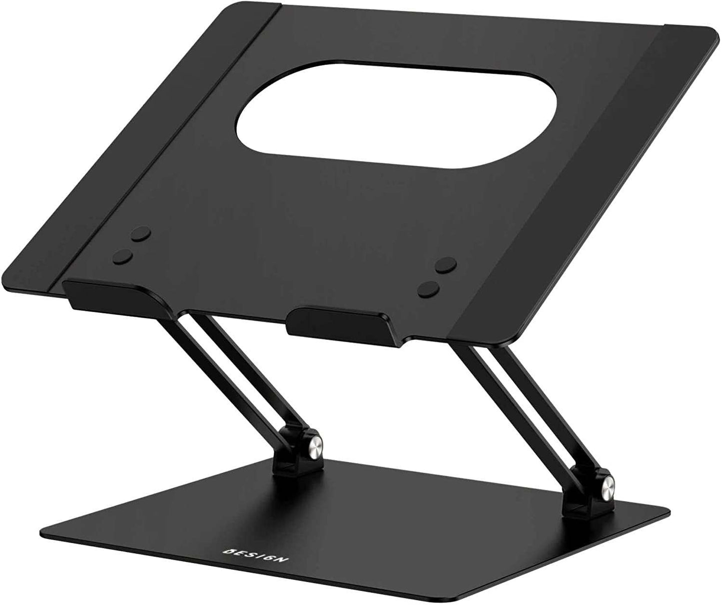 Black LS10 Aluminum Laptop Stand with adjustable ergonomic design for 10-14 inch laptops, compatible with Air, Pro, Dell, HP, Lenovo and more, featuring ventilation and sturdy support.
