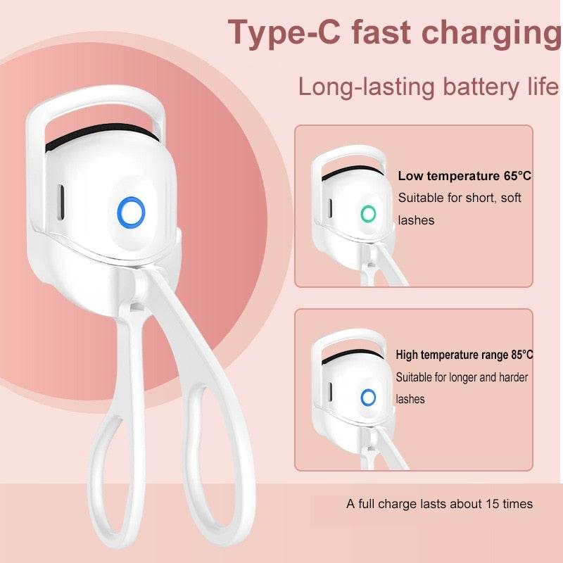 Portable electric heated eyelash curler with Type-C fast charging, low and high temperature settings for lasting curls.