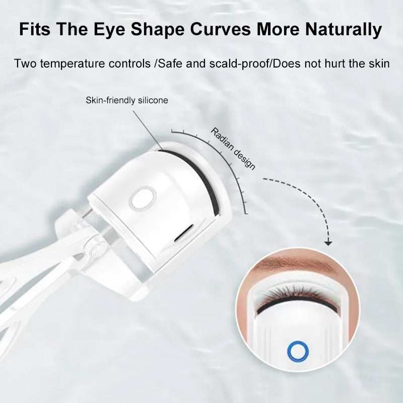 Portable Electric Heated Eyelash Curler with gentle heat and precision comb design for long-lasting curls.