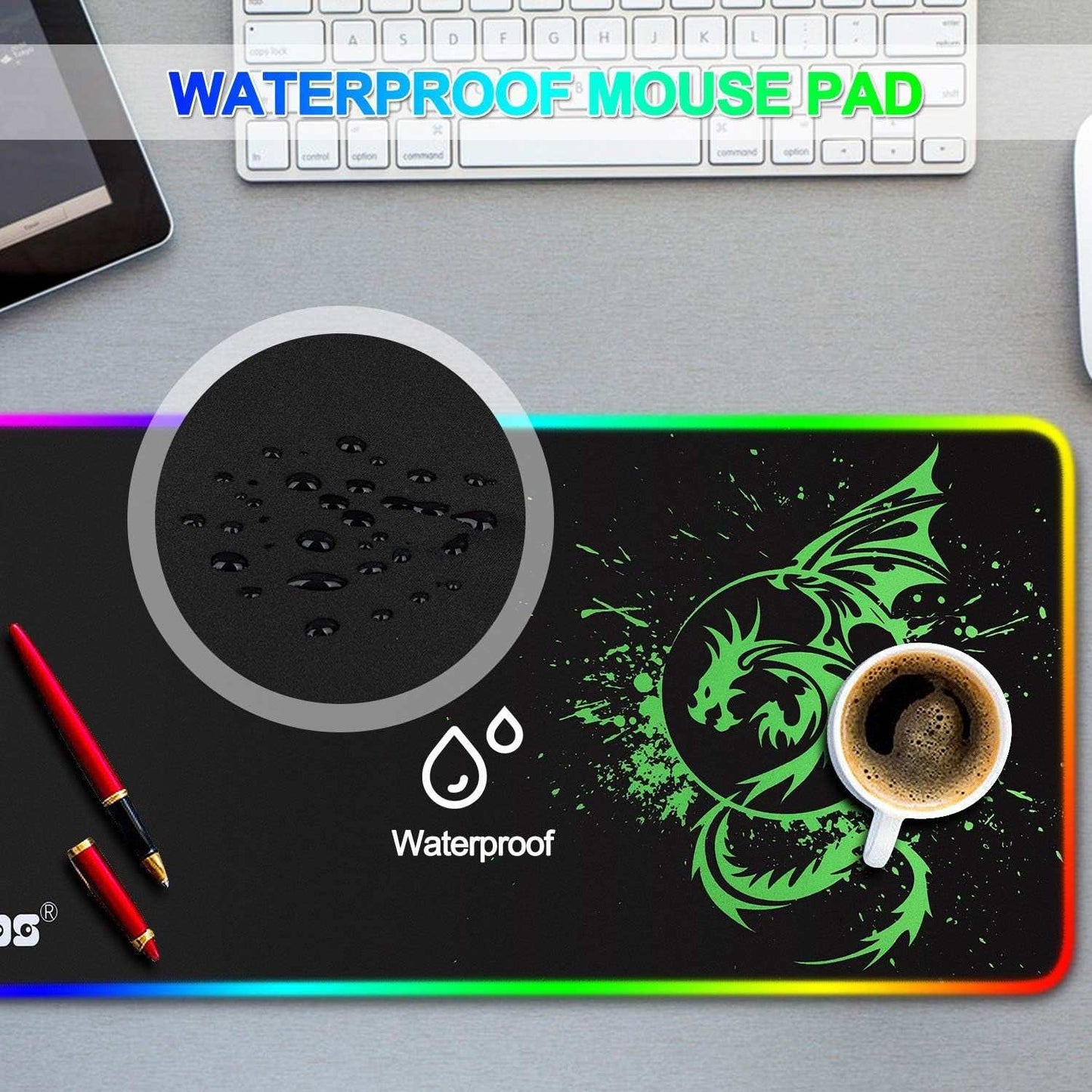 Large RGB Mouse Pad Anime Dragon Mouse Mat LED with 15 Lighting Modes for Gaming 31.5 X 12 Inch (Green)