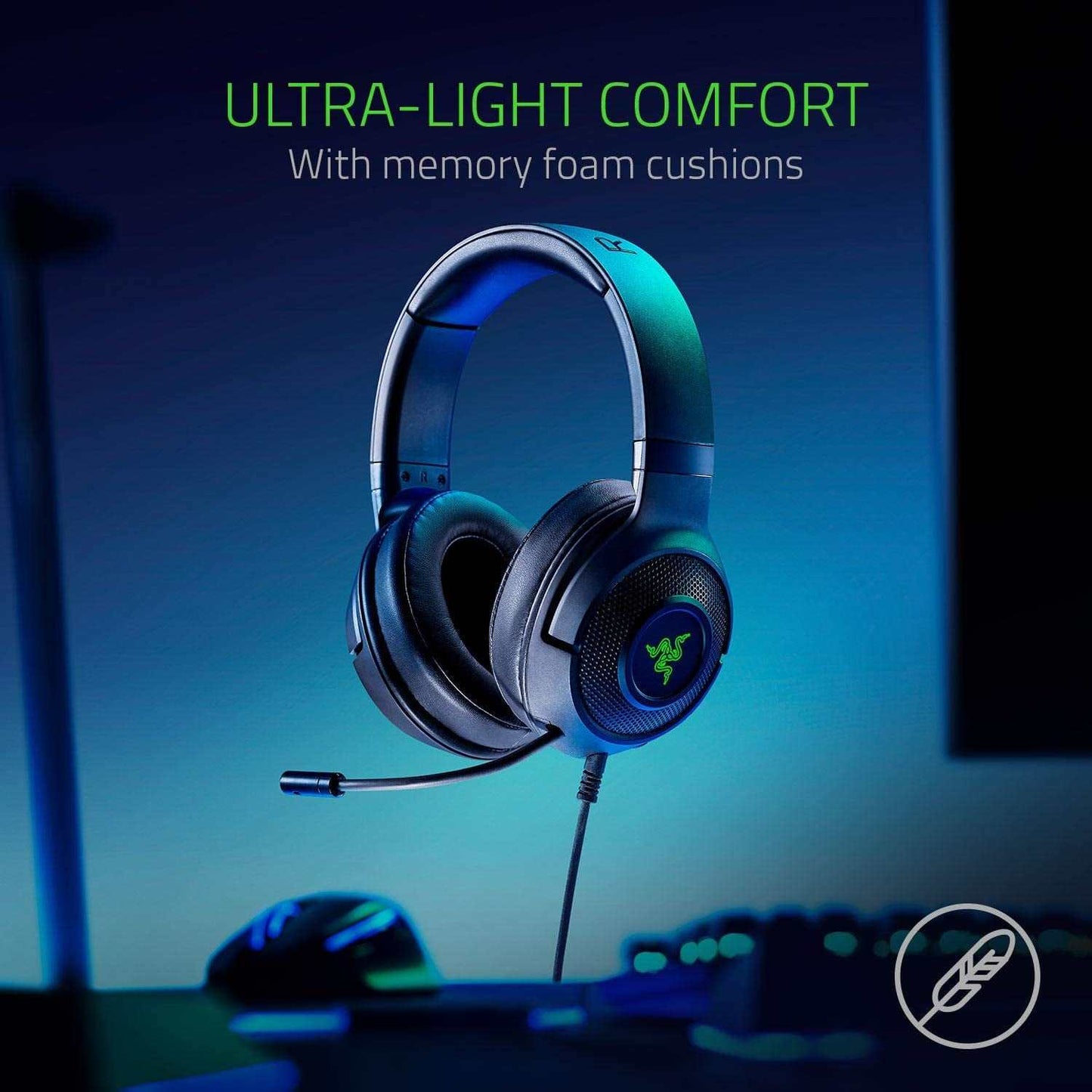 Kraken X USB Ultralight Gaming Headset: 7.1 Surround Sound - Lightweight Frame - Green Logo Lighting - Integrated Audio Controls - Bendable Cardioid Microphone - for PC - Classic Black