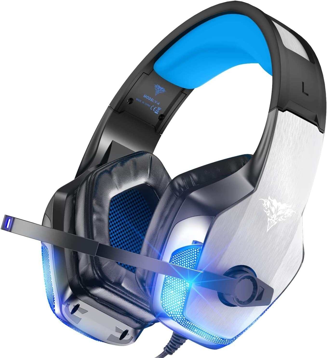 Blue over-ear wired gaming headset with noise cancellation microphone and LED lights, designed for PC and console gaming.