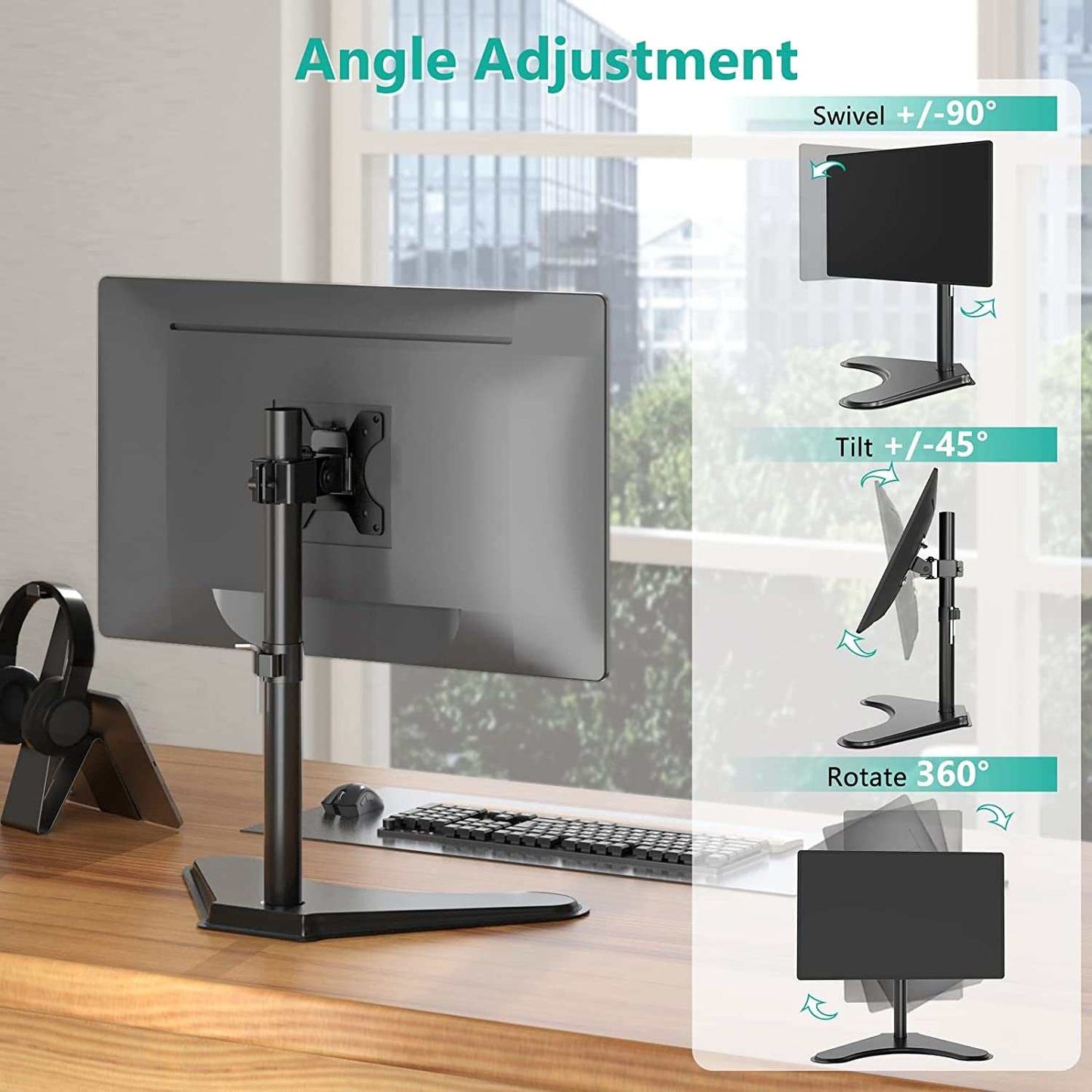 Single Monitor Stand for 13-32 Inch Computer Screens, Freestanding Single Monitor Arm Desk Mount, Universal VESA Monitor Mount 75X75/100X100Mm, Adjustable Height and Angle, (MF001), Black