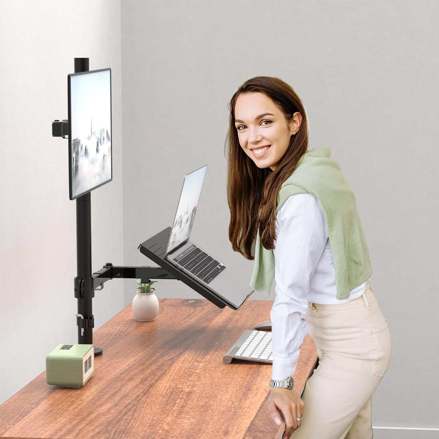 Laptop and Monitor Mount Stand, Extra Tall Single Monitor Desk Mount with Tray for 1 Laptop Notebook up to 17 Inch and 1 LCD Monitor Mount up to 32 Inch, Weight up to 22Lbs (M001XLLP), Black