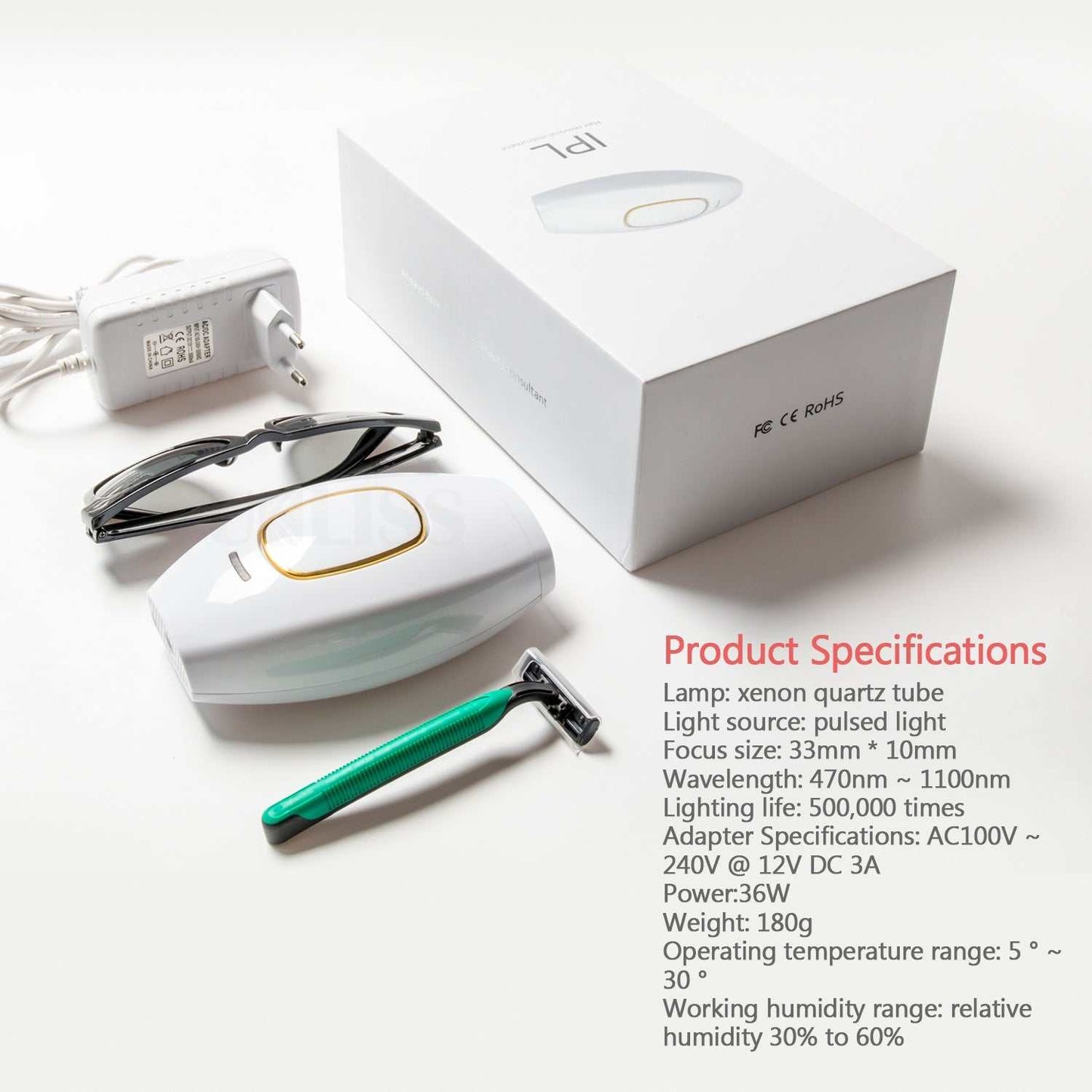 Hair Removal Set with xenon quartz tube, pulsed light, adjustable wavelength 470-1100nm, including mini device, power adapter, sunglasses, and shaving knife for smooth skin.
