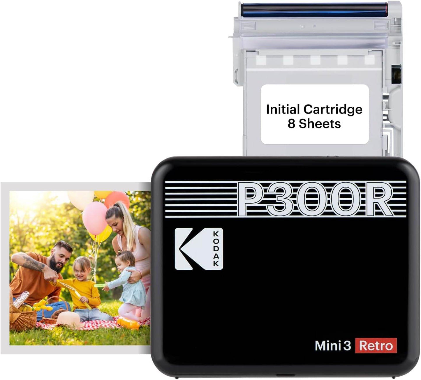 Kodak Mini 3 Retro portable photo printer with 4PASS technology, includes 8 sheets cartridge, prints 3x3 inch high-quality, durable photos.