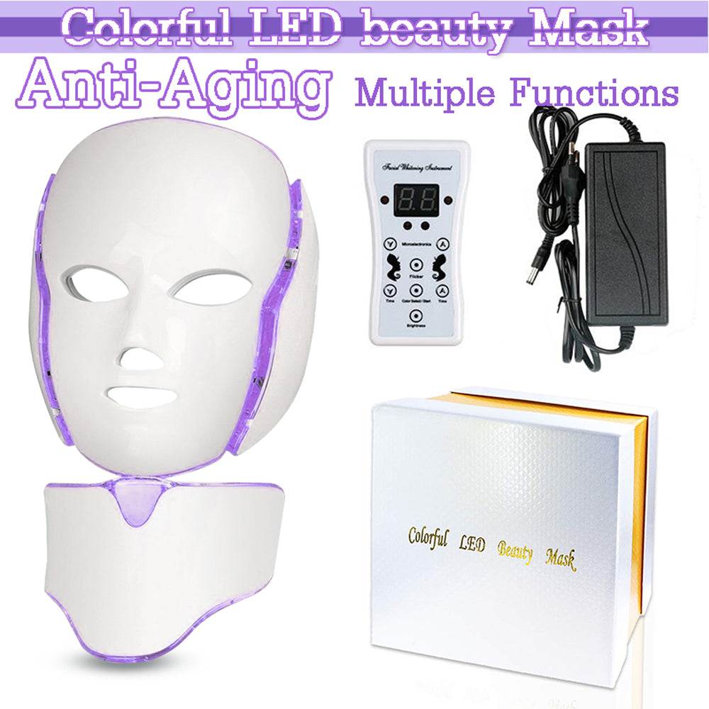 LED Facial Mask with 7-in-1 LED light therapy, multiple functions, anti-aging benefits, and adjustable intensity for all skin types.