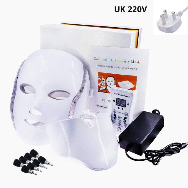 LED Facial Mask with accessories and manual, offering 7-in-1 LED light therapy for skin care.