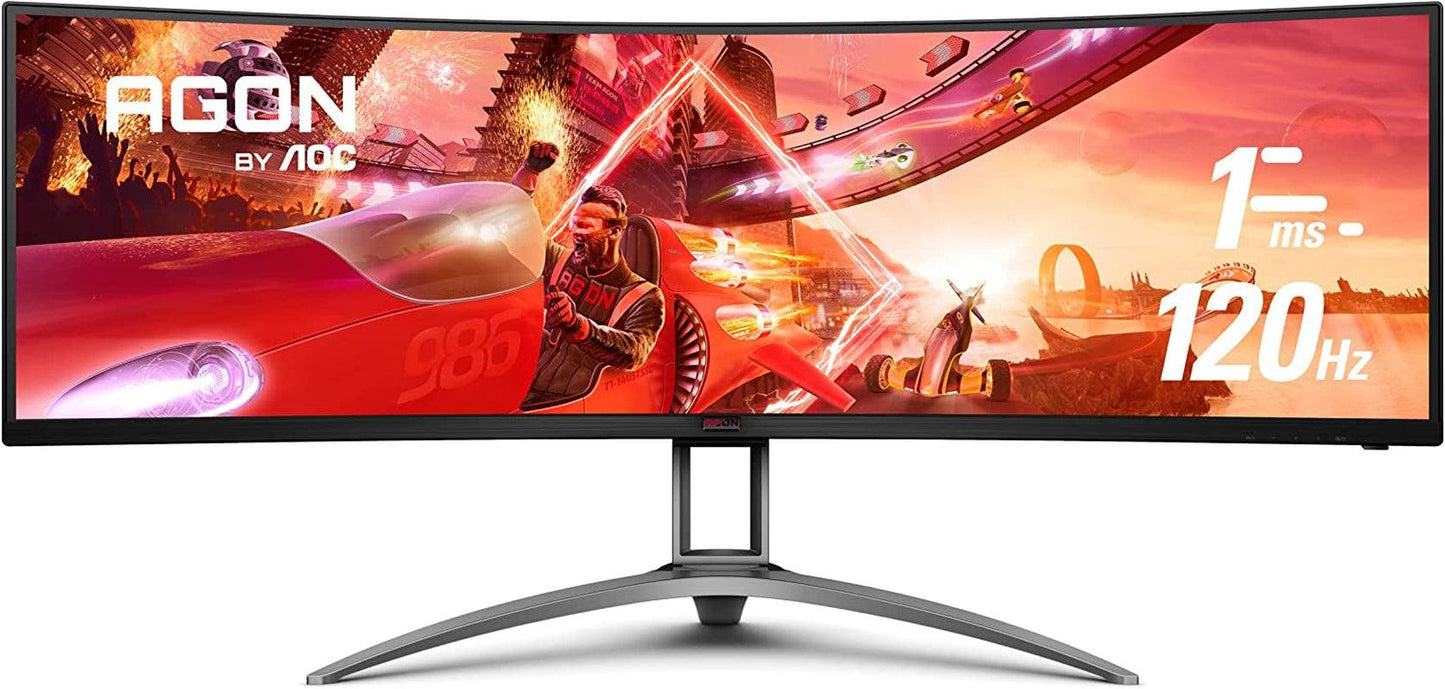 49-inch AGON curved gaming monitor with 5120x1440 DQHD resolution, 1ms response, 120Hz refresh rate, VA panel, and height-adjustable stand.