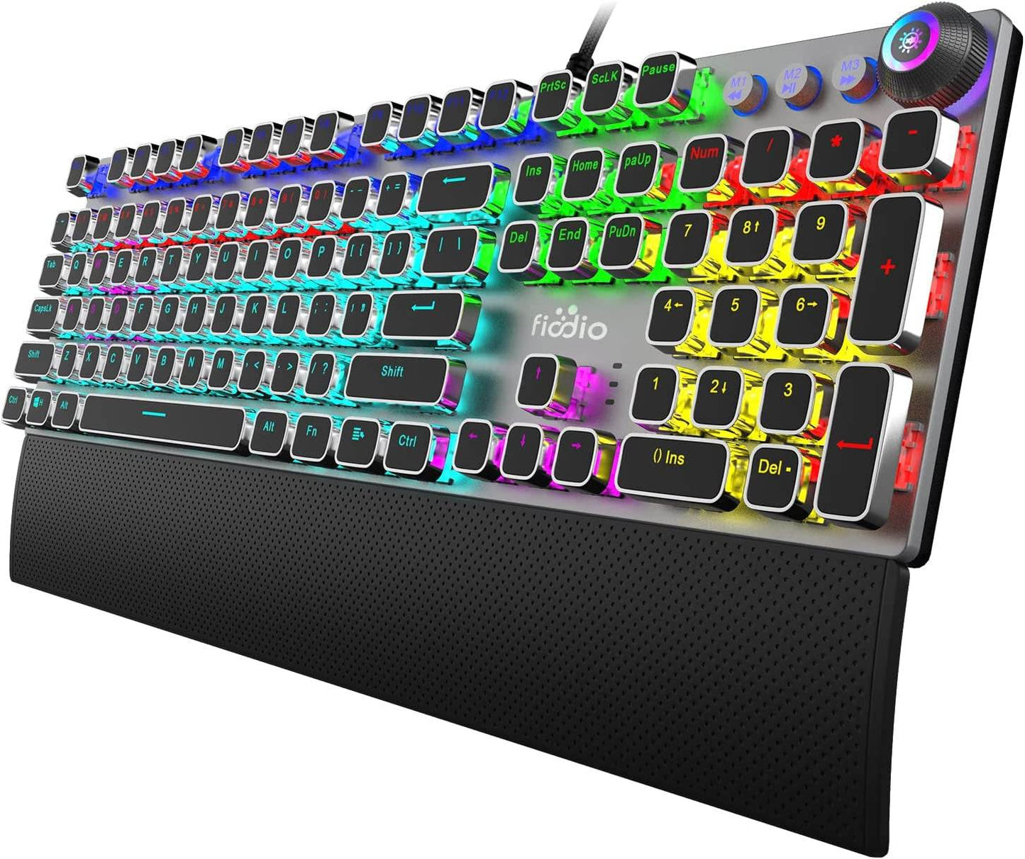 Mechanical gaming keyboard with LED rainbow backlit, 104 anti-ghosting keys, black switches, multimedia controls, and removable wrist rest.