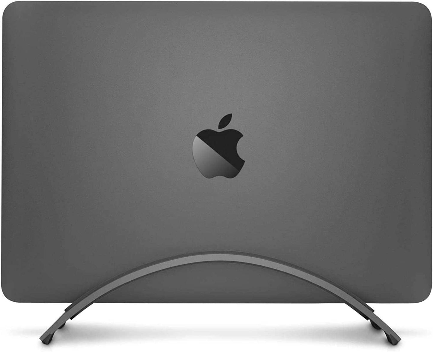 Space-saving BookArc vertical stand holding a space grey MacBook closed in clamshell mode