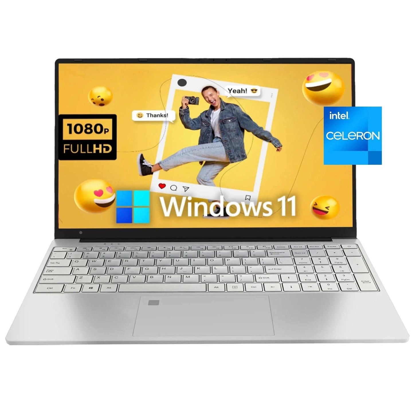 15.6 inch Full HD Windows 11 Pro laptop with Intel Celeron N5095, 16GB RAM, 512GB SSD, backlit keyboard, fingerprint sensor, silver design