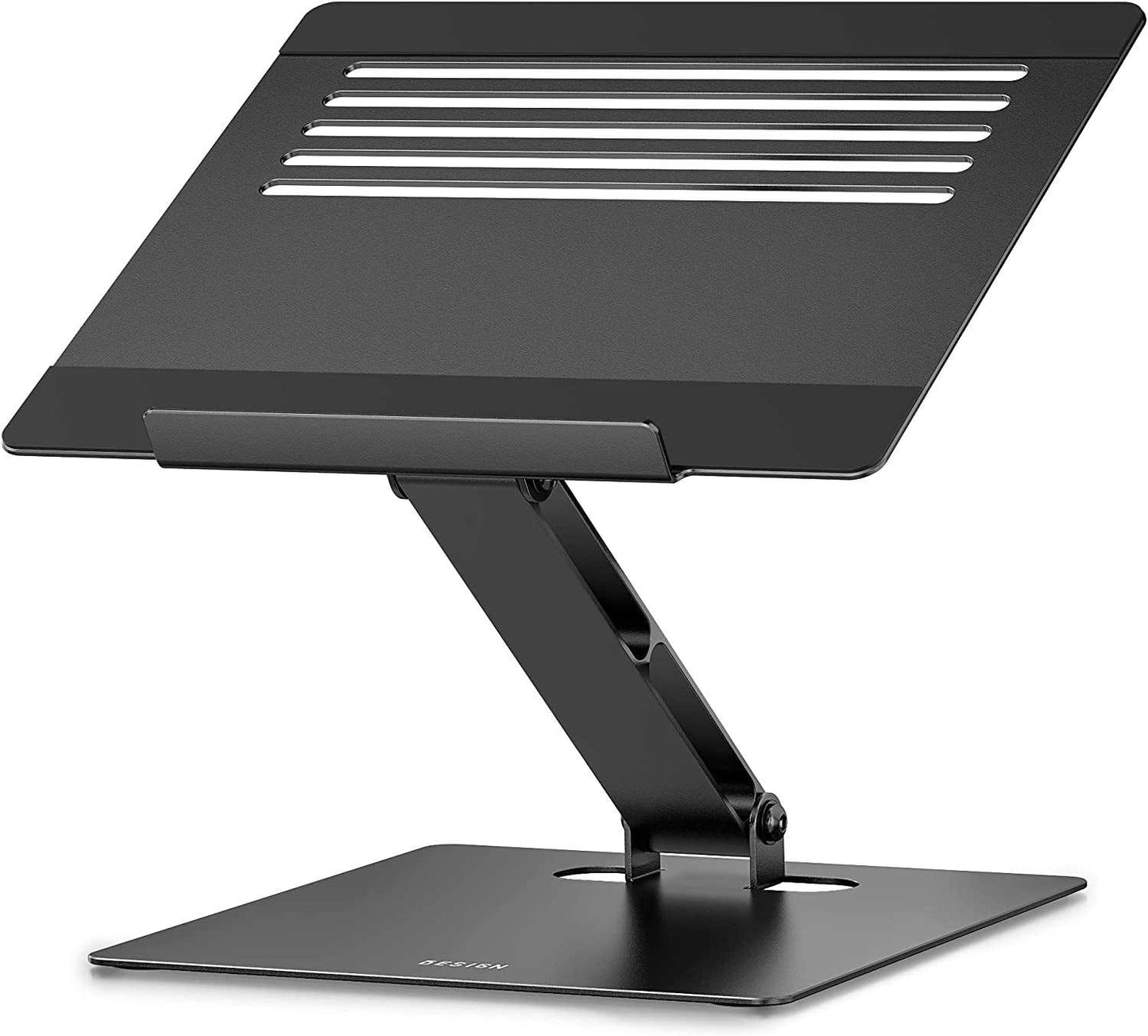 Black adjustable aluminum computer stand with ventilation slots for laptops 10-14 inches ergonomic riser holder