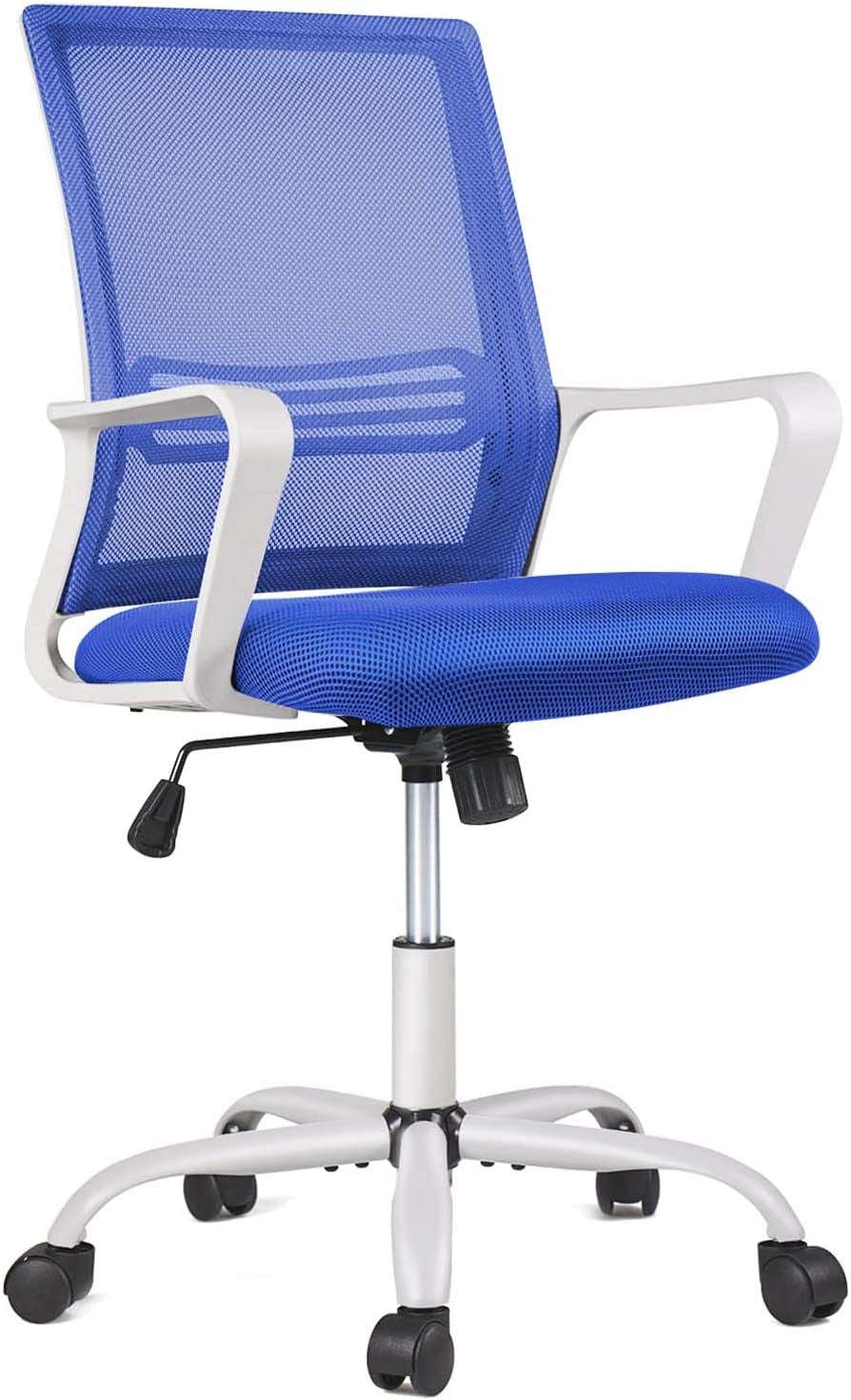 Ergonomic computer office chair with blue breathable mesh, mid backrest, rolling task design, and adjustable height.
