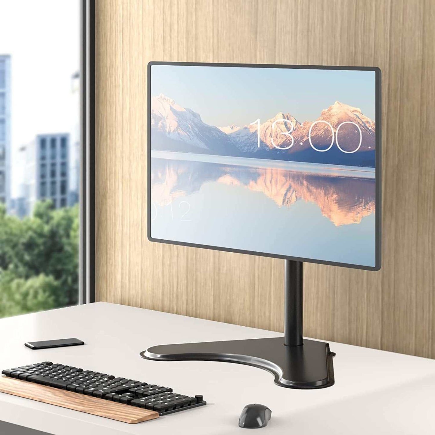 Single Monitor Stand for 13-32 Inch Computer Screens, Freestanding Single Monitor Arm Desk Mount, Universal VESA Monitor Mount 75X75/100X100Mm, Adjustable Height and Angle, (MF001), Black