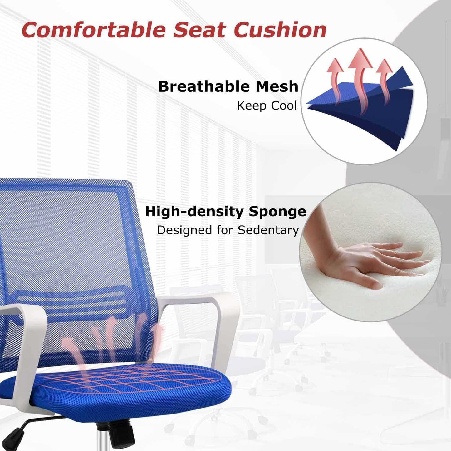 Ergonomic Computer, Home Wheels Mesh Office Desk, Mid Back Rolling Task Chair, Blue