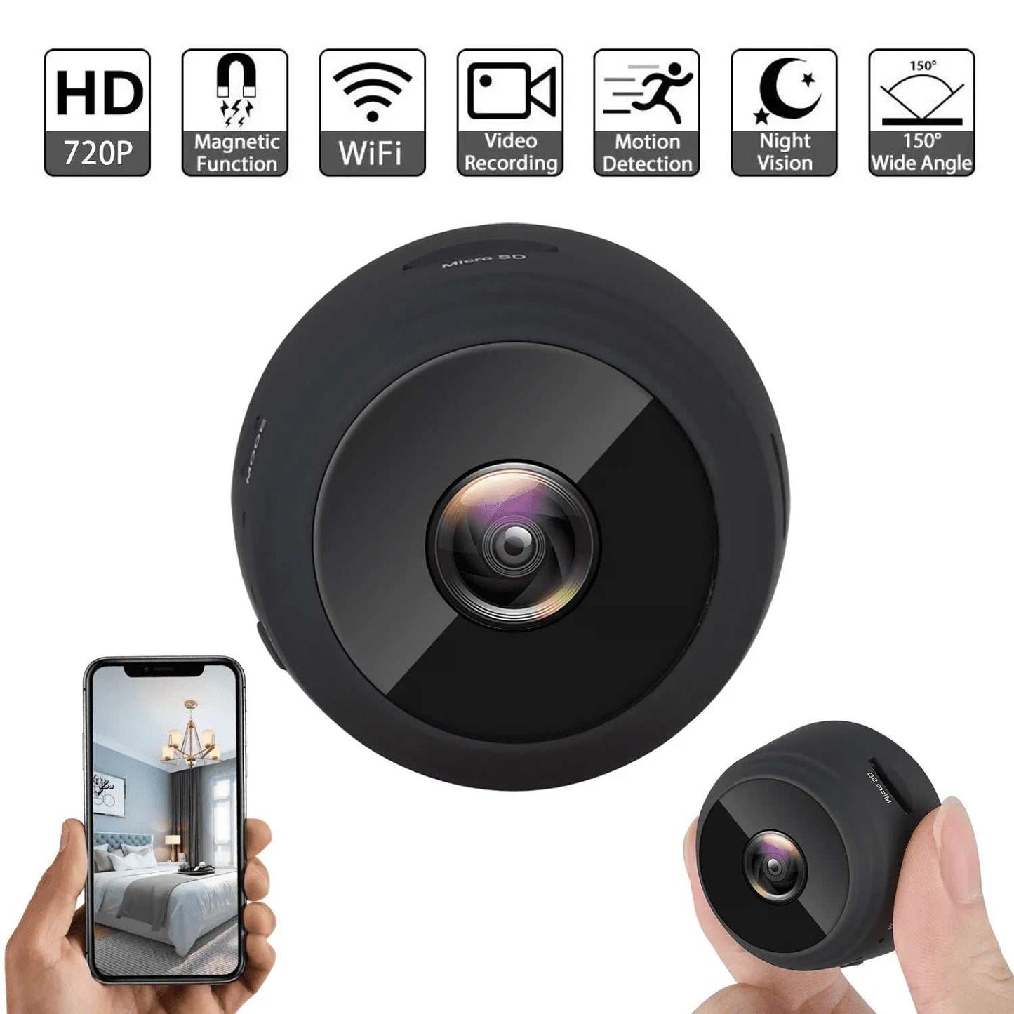 Mini wireless security camera 720P HD portable nanny cam with night vision, motion detection, WiFi, and video recording.