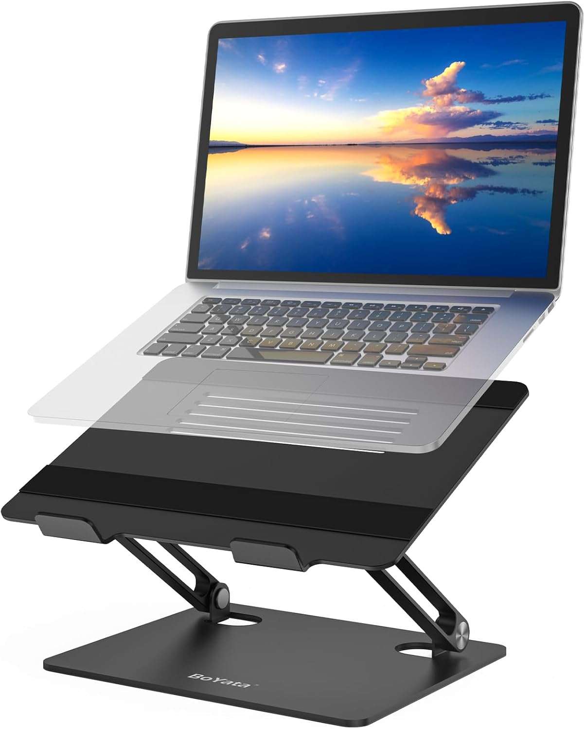 Adjustable black laptop stand with slide-proof silicone pads and protective hooks, compatible with laptops up to 17 inches for ergonomic use and improved ventilation.