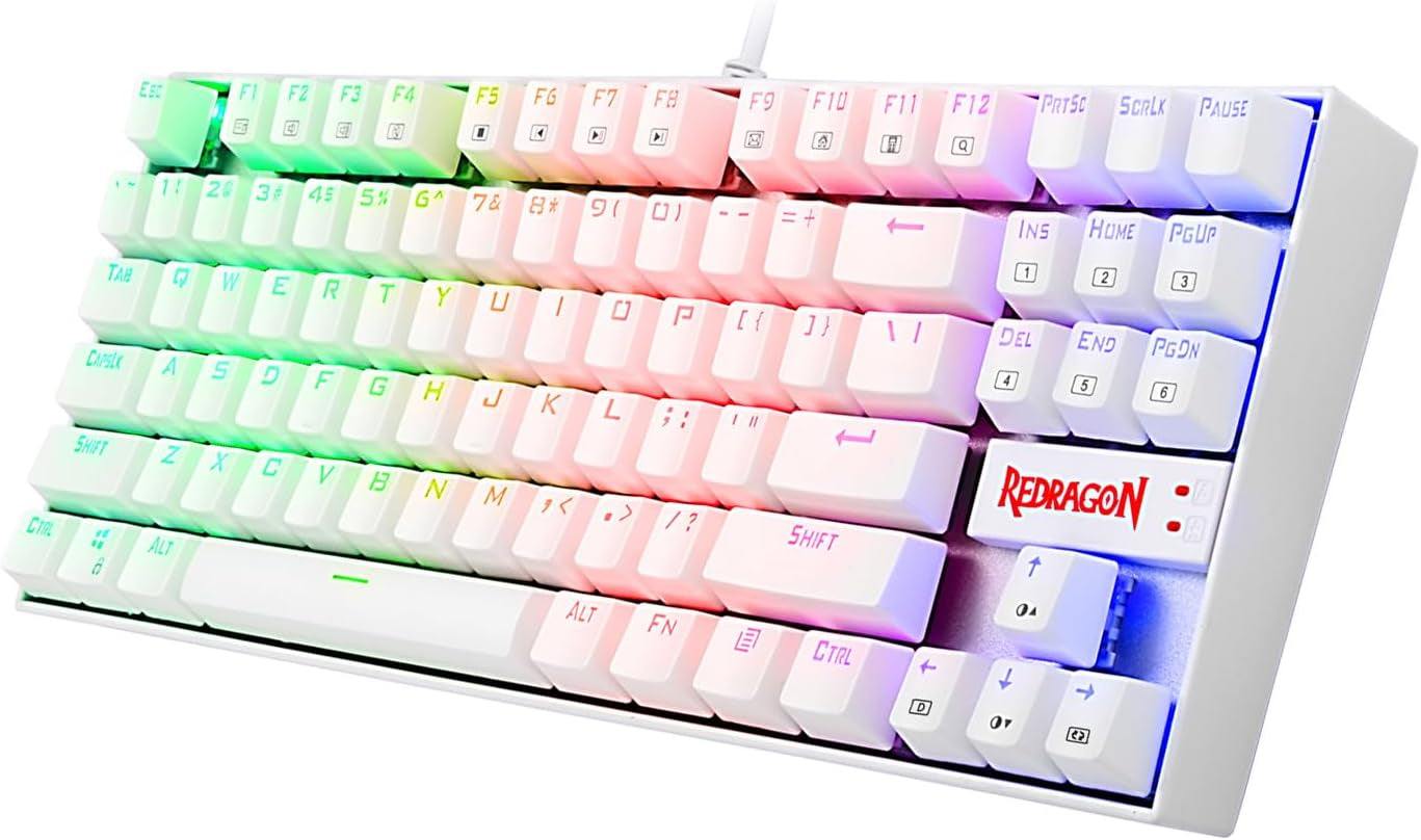 White 87-key compact mechanical gaming keyboard with RGB backlighting and Cherry MX Blue equivalent switches