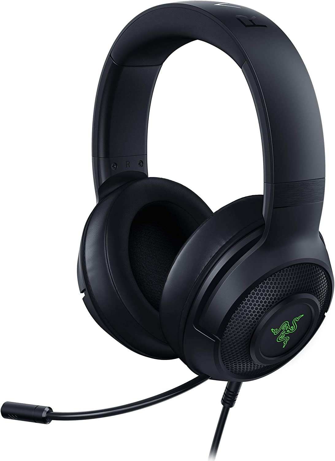 Kraken X USB ultralight gaming headset with 7.1 surround sound, green logo lighting, cardioid microphone, and integrated audio controls in black