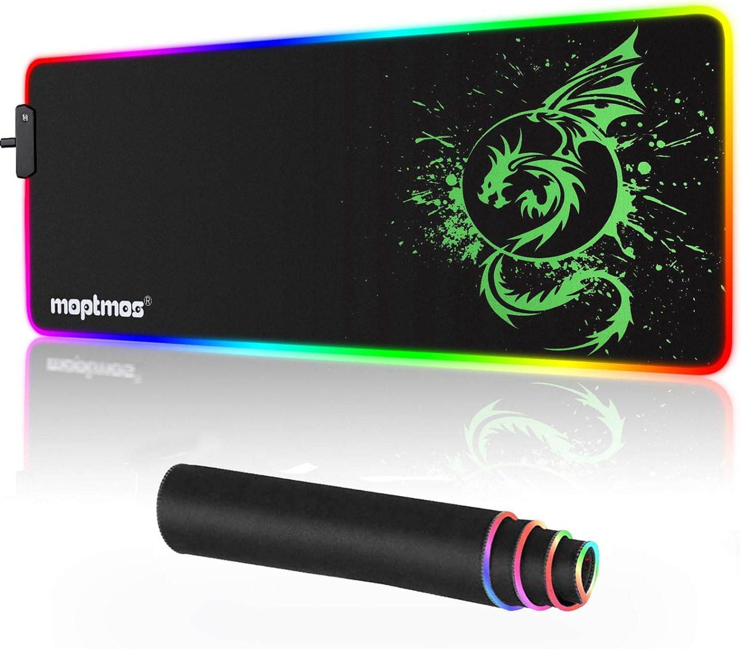 Large RGB mouse pad with anime dragon design, LED lighting with 15 modes, waterproof surface, and anti-slip rubber base, 31.5 x 12 inches for gaming and office use.