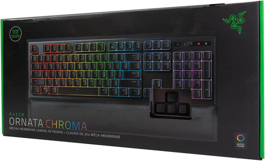 Ornata Chroma Gaming Keyboard with hybrid mecha-membrane switches, customizable RGB lighting, detachable wrist rest, and programmable macros.