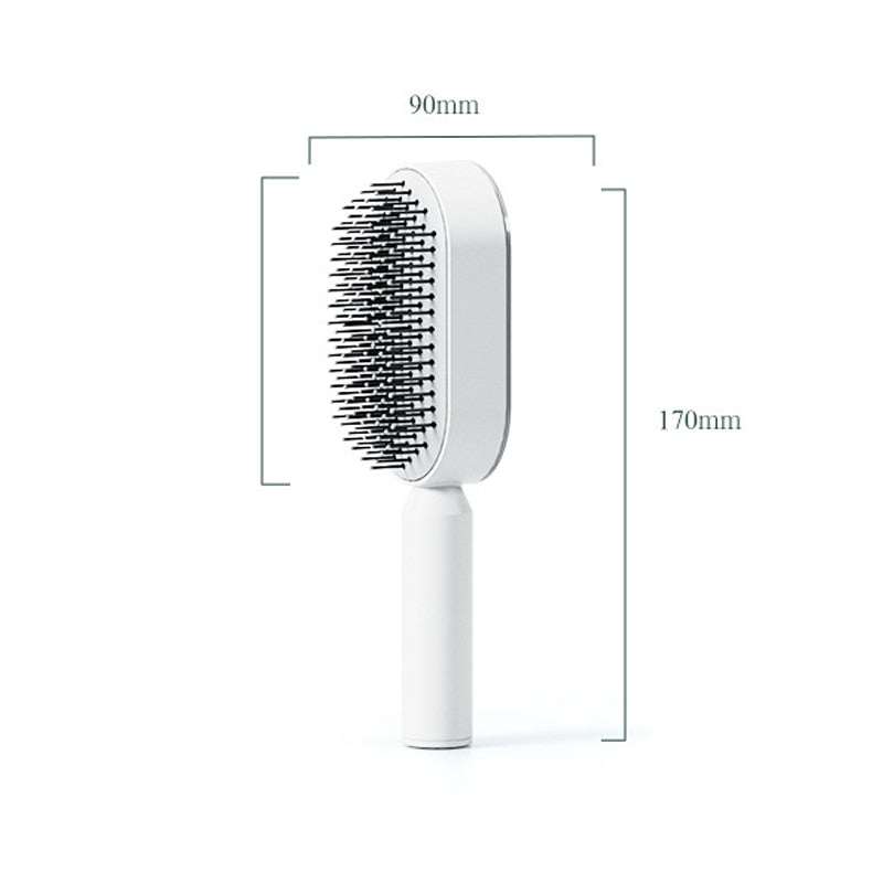 Self Cleaning Anti-Static Hair Brush with airbag massage function and self-cleaning feature, 170mm x 90mm.