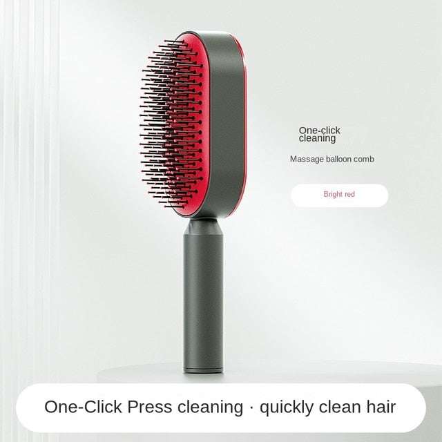 Self Cleaning Anti-Static Hair Brush with One-Click Cleaning Function in Bright Red