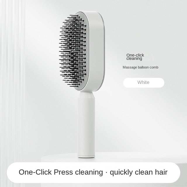 Self Cleaning Hair Brush with one-click cleaning and massage function in white.