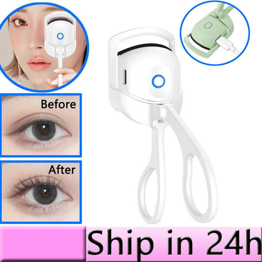 Electric Long Lasting Eyelashes Curler with ergonomic design and adjustable heating levels, showcasing before and after eyelash results.