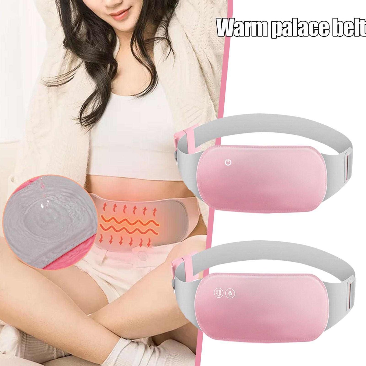 Electric heated hot compress belt massager for menstrual pain relief, pink waist belt.