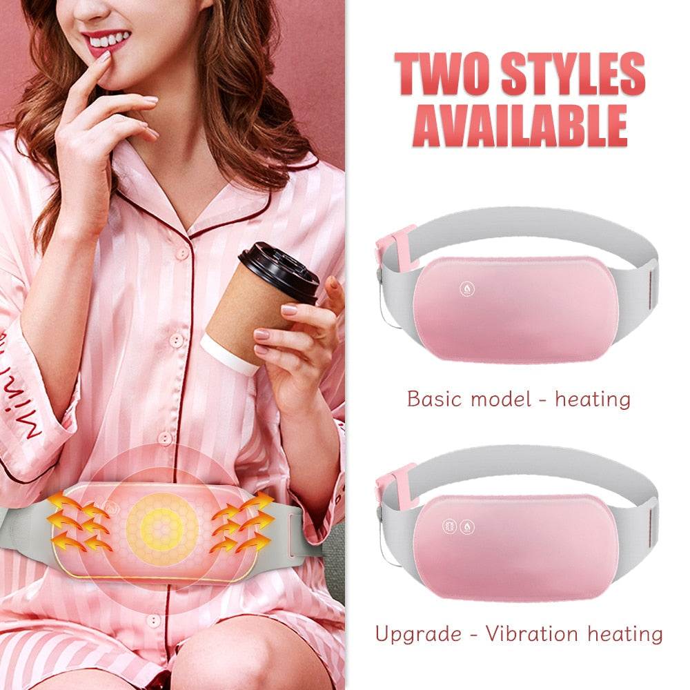 Pink electric heated hot compress belt massager for menstrual pain relief, featuring basic and vibration heating models.