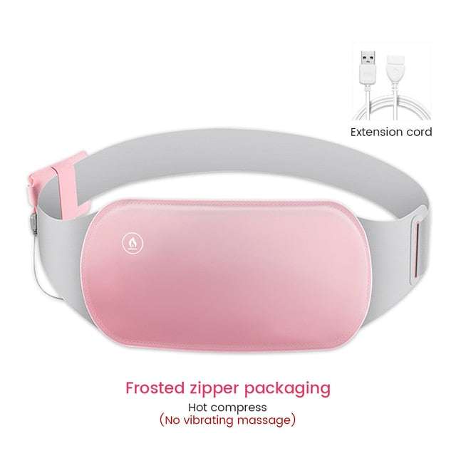 Pink electric heated hot compress belt massager for menstrual pain relief with extension cord.