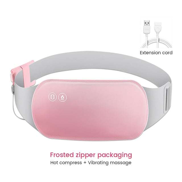 Electric heated hot compress belt massager in pink, designed for menstrual pain relief with vibrating massage feature and extension cord.