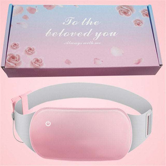 Electric Heated Hot Compress Belt in pink, ideal for menstrual pain relief, with packaging.