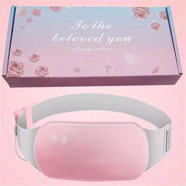 Electric heated hot compress belt massager in pink with floral packaging, designed for menstrual pain relief.