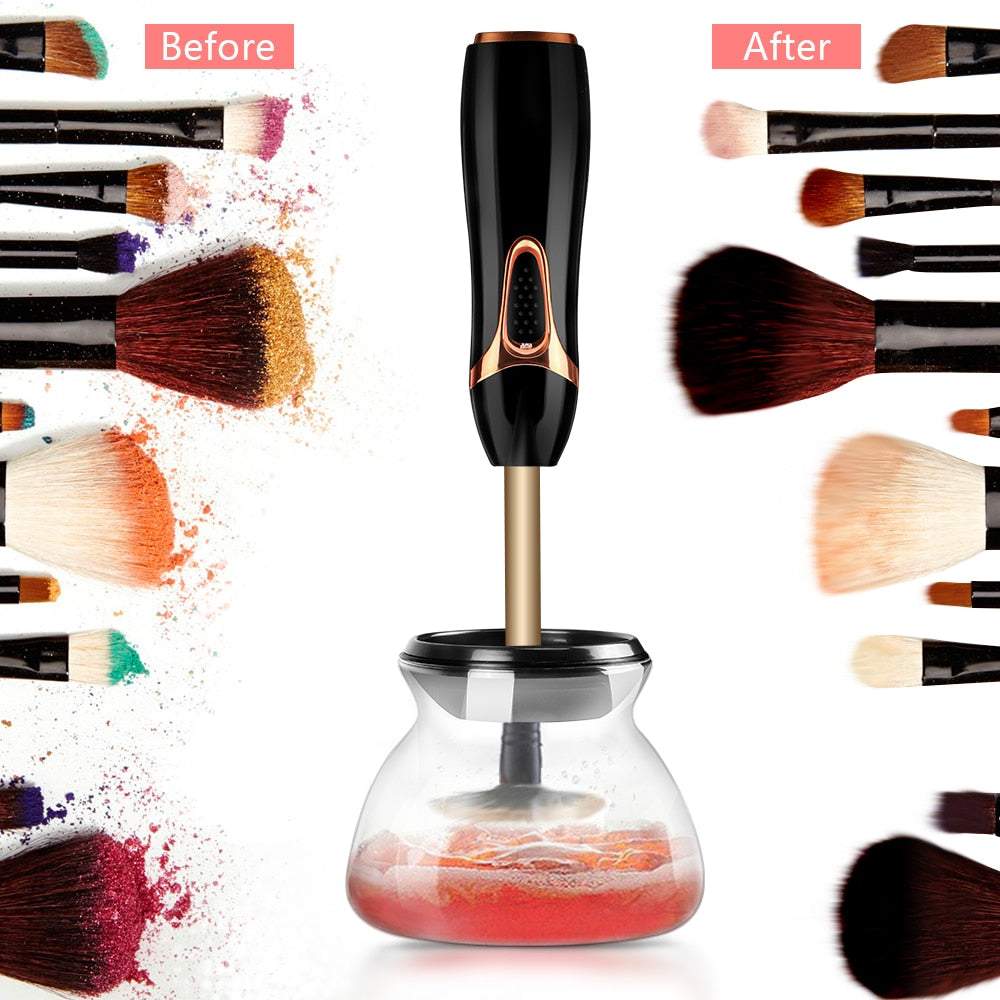 Makeup Brush Cleaner and Dryer with before and after results, showcasing clean brushes.