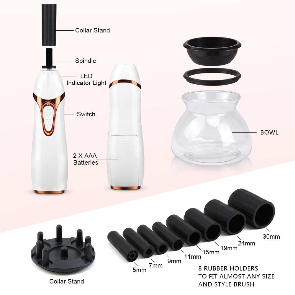 Makeup Brush Cleaner and Dryer with attachments and LED indicator, showcasing 8 rubber holders and collar stand.