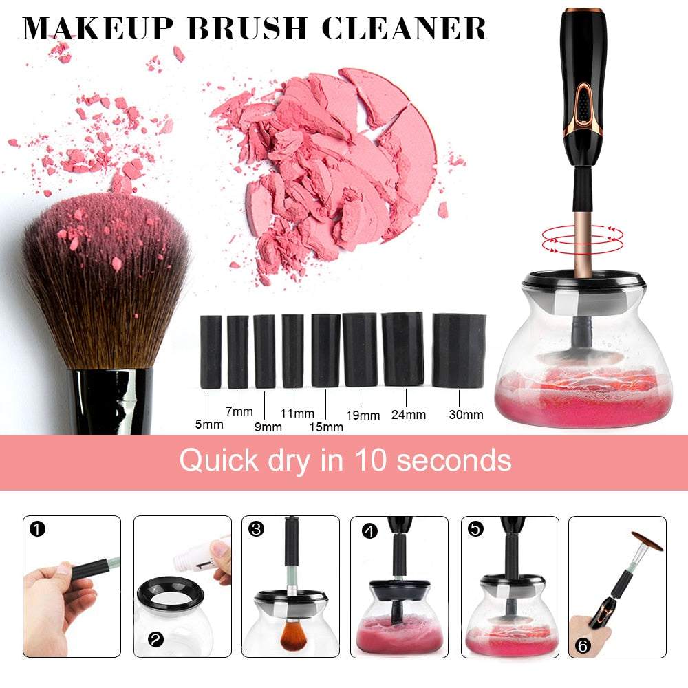 Makeup Brush Cleaner and Dryer with multiple collar sizes, quick drying in 10 seconds, silicone cleaning tool.