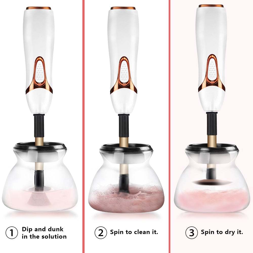 Automatic makeup brush cleaner and dryer with step-by-step cleaning process.