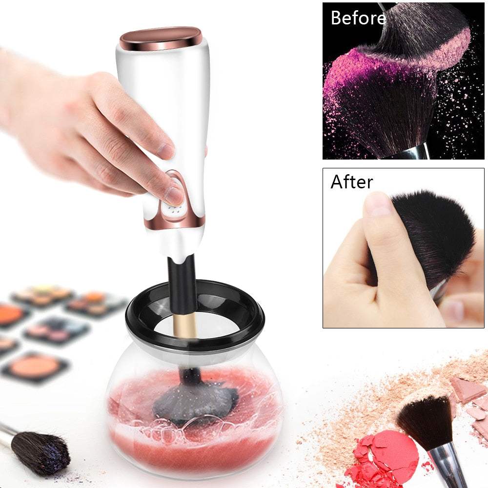 Automatic makeup brush cleaner and dryer in action with before and after results.