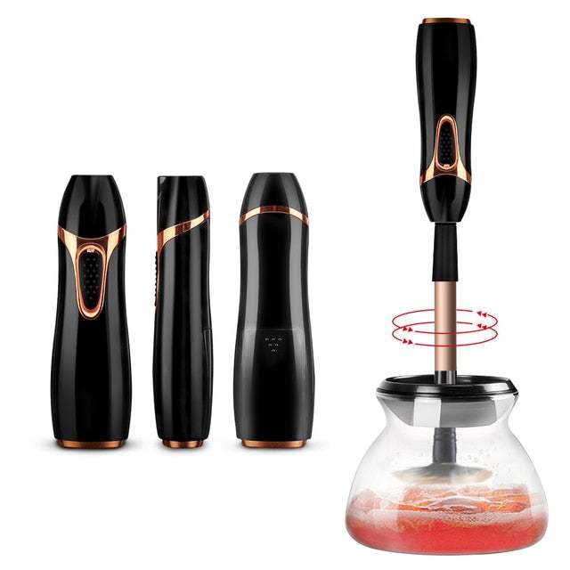 Automatic makeup brush cleaner and dryer with silicone tool, black and gold design, deep cleans brushes in seconds.