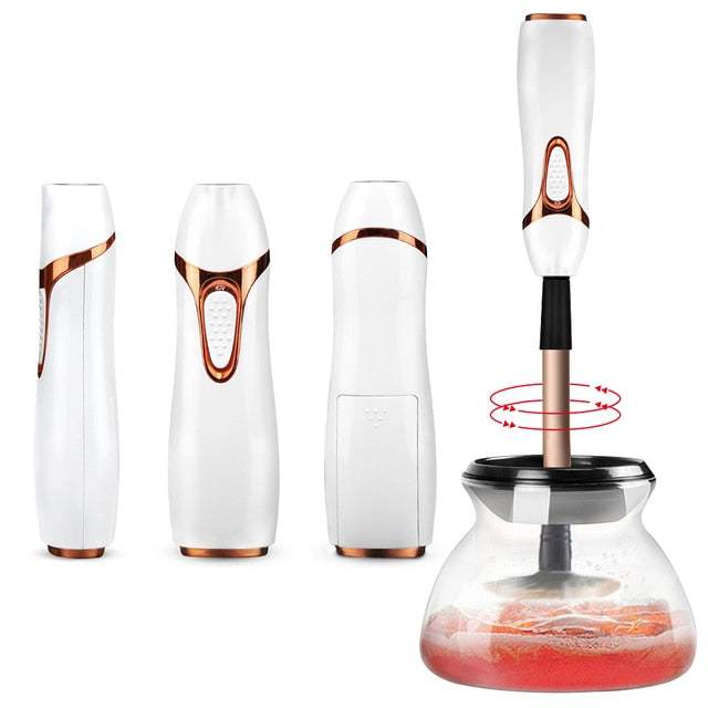 Makeup Brush Cleaner and Dryer with automatic rotation, silicone cleaning tool, and drying bowl for quick and efficient brush cleaning.