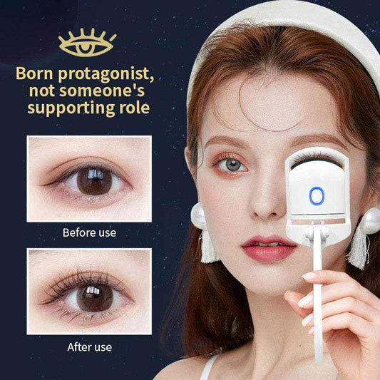 Portable electric eyelash curler demonstrating before and after eyelash transformation with convenient battery-powered design and dual temperature settings for stunning curls.