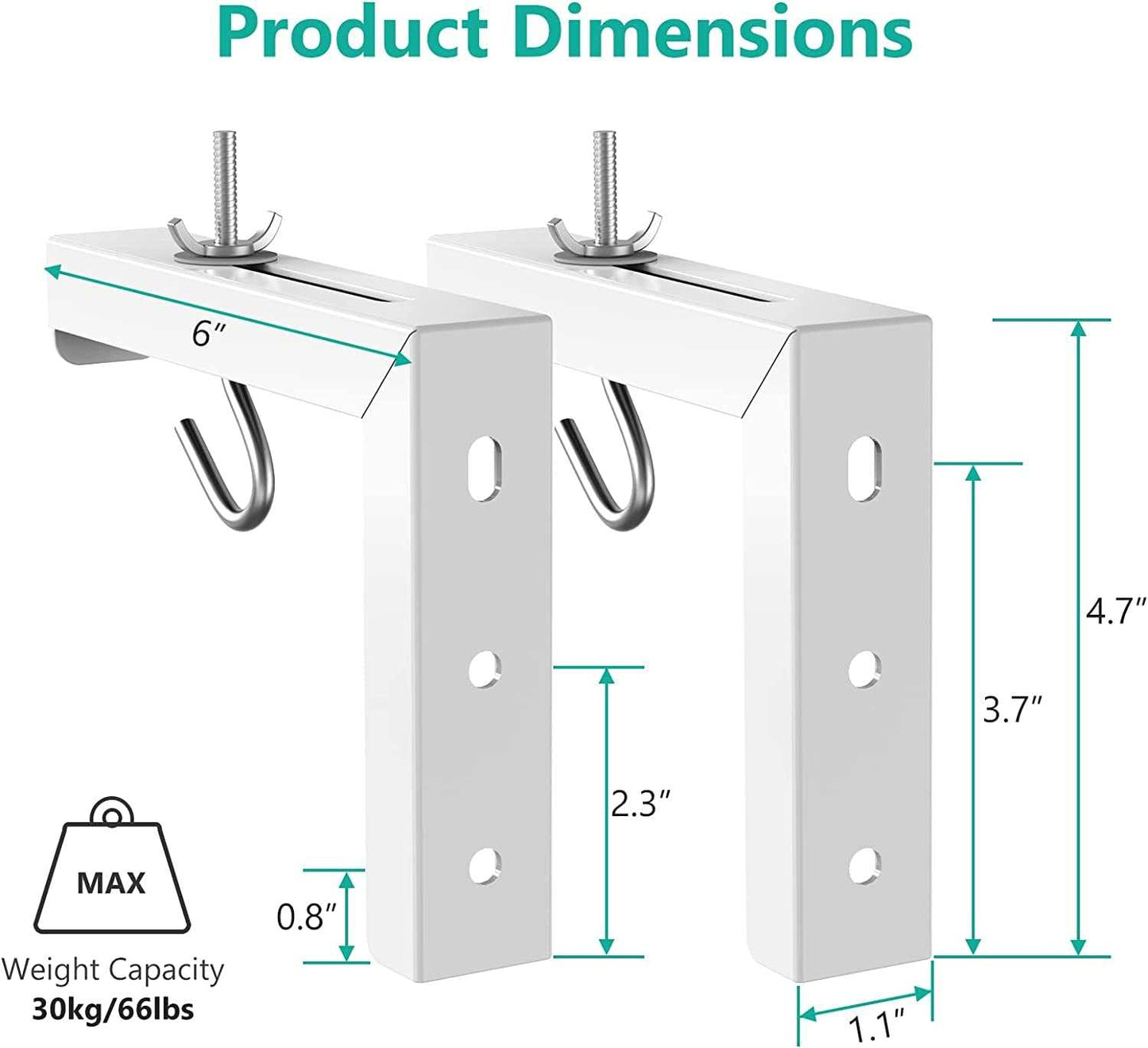Universal Projector Screen Ceiling Mount, Wall Hanging Mount L-Brackets, 6 Inch Adjustable Extension with Hook Kit, Perfect Projector Screen Placement Hold up to 66 Lbs (PSM001-W), White