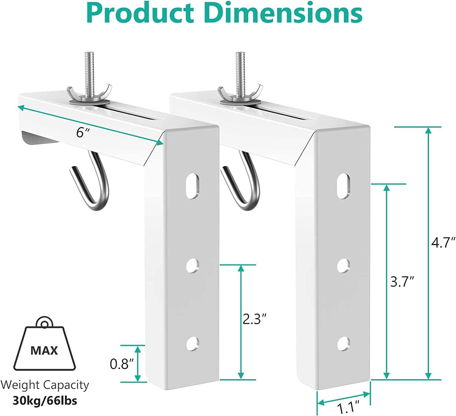 Universal Projector Screen Ceiling Mount, Wall Hanging Mount L-Brackets, 6 Inch Adjustable Extension with Hook Kit, Perfect Projector Screen Placement Hold up to 66 Lbs (PSM001-W), White