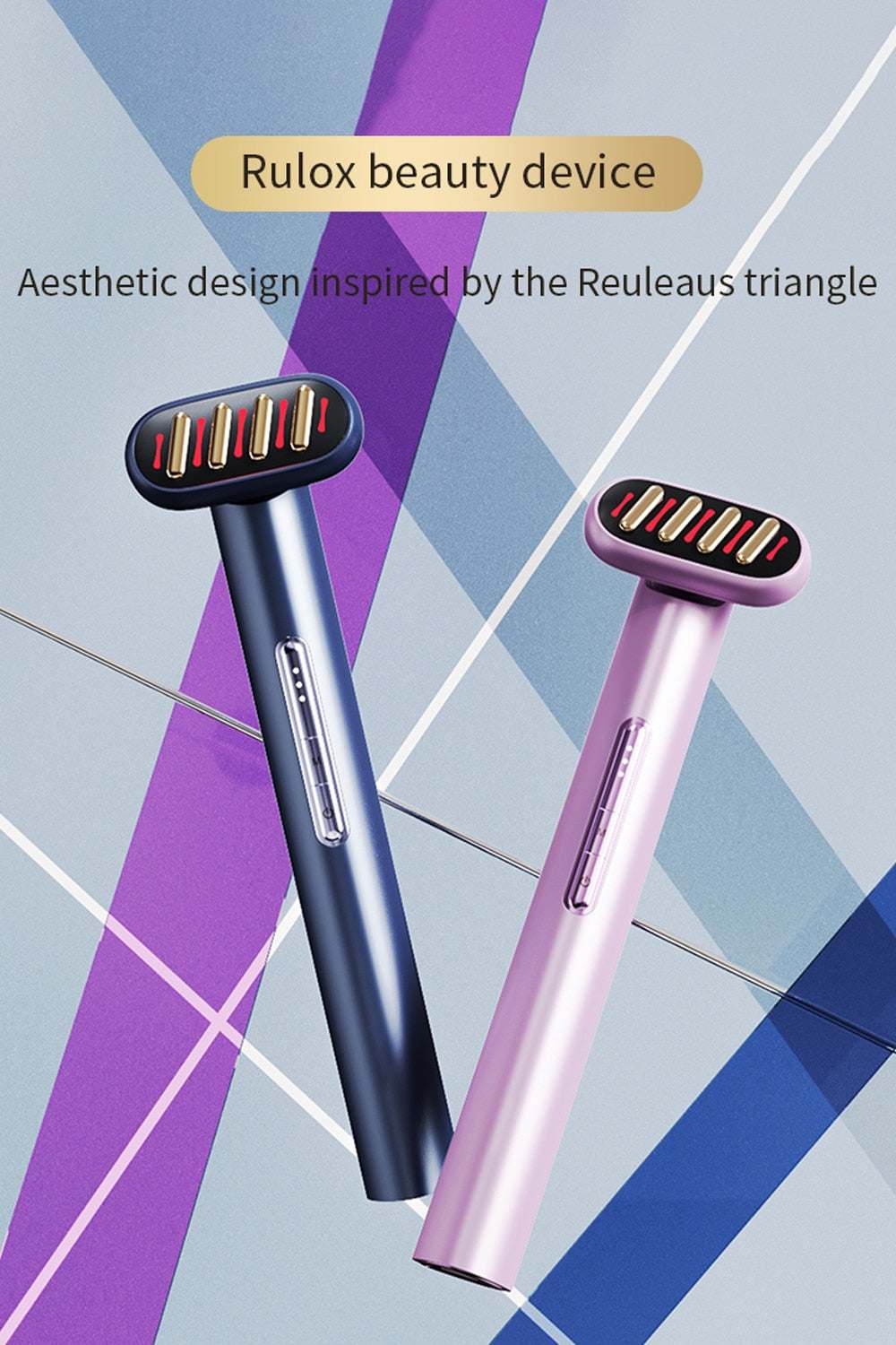 Facial wand microcurrent device with aesthetic design inspired by the Reuleaux triangle in blue and pink.