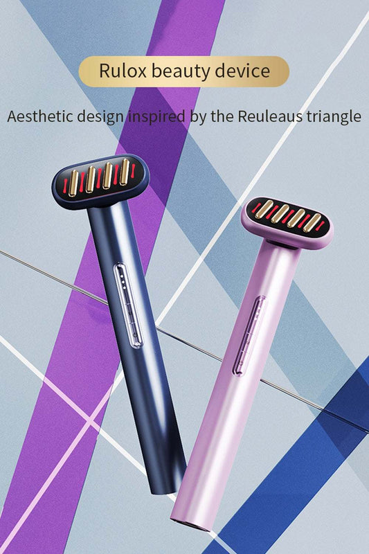 Facial wand microcurrent device with aesthetic design inspired by the Reuleaux triangle in blue and pink.