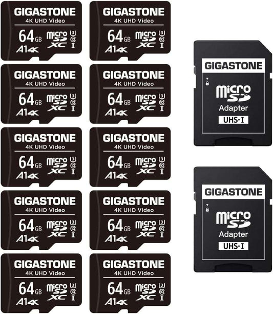 Set of ten 64GB Micro SD cards with two SD adapters for 4K UHD video, compatible with cameras and devices.