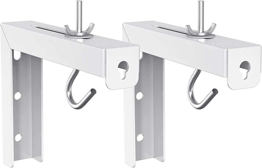 White universal projector screen ceiling mount L-brackets with adjustable 6-inch extension hooks for wall or ceiling installation, supports up to 66 lbs.